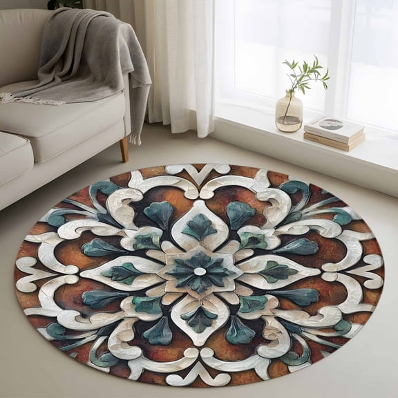 Brown Teal Boho Round Area Rug 4 FT, Non Slip Indoor Outdoor Rug, Ethnic Rustic Abstract Flowers Washable Soft Circular Carpet Non-Shedding Floor Mat for Coffee Table Nursery Foyer Balcony