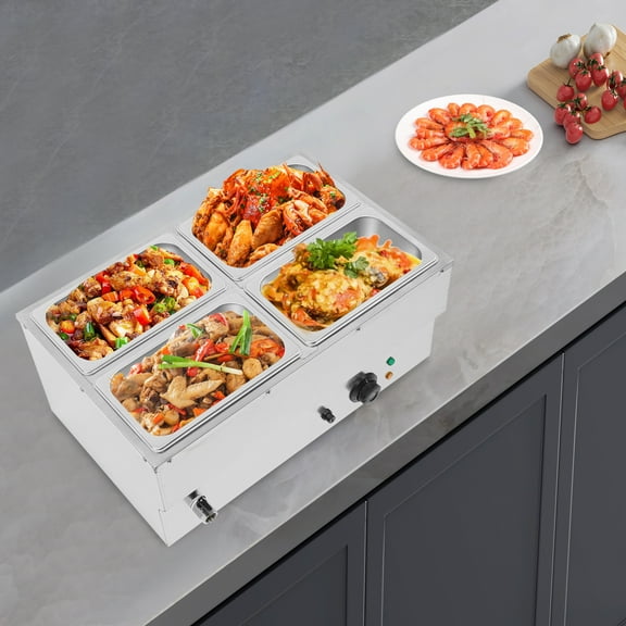4-Pan Electric Soup Warmer, Commercial Food Warmer with Temperature Control, Stainless Steel Insulated Bain Marie for Restaurants Buffets, 110V US Plug, Silver, 1 Unit