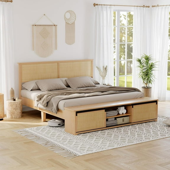 Ataucjin Natural Rattan King Size Bed Frame with Sliding Barn Door Storage Cabinets and Headboard, Boho Farmhouse Wood Platform Bed with Solid Wood Legs Support, No Box Spring Needed