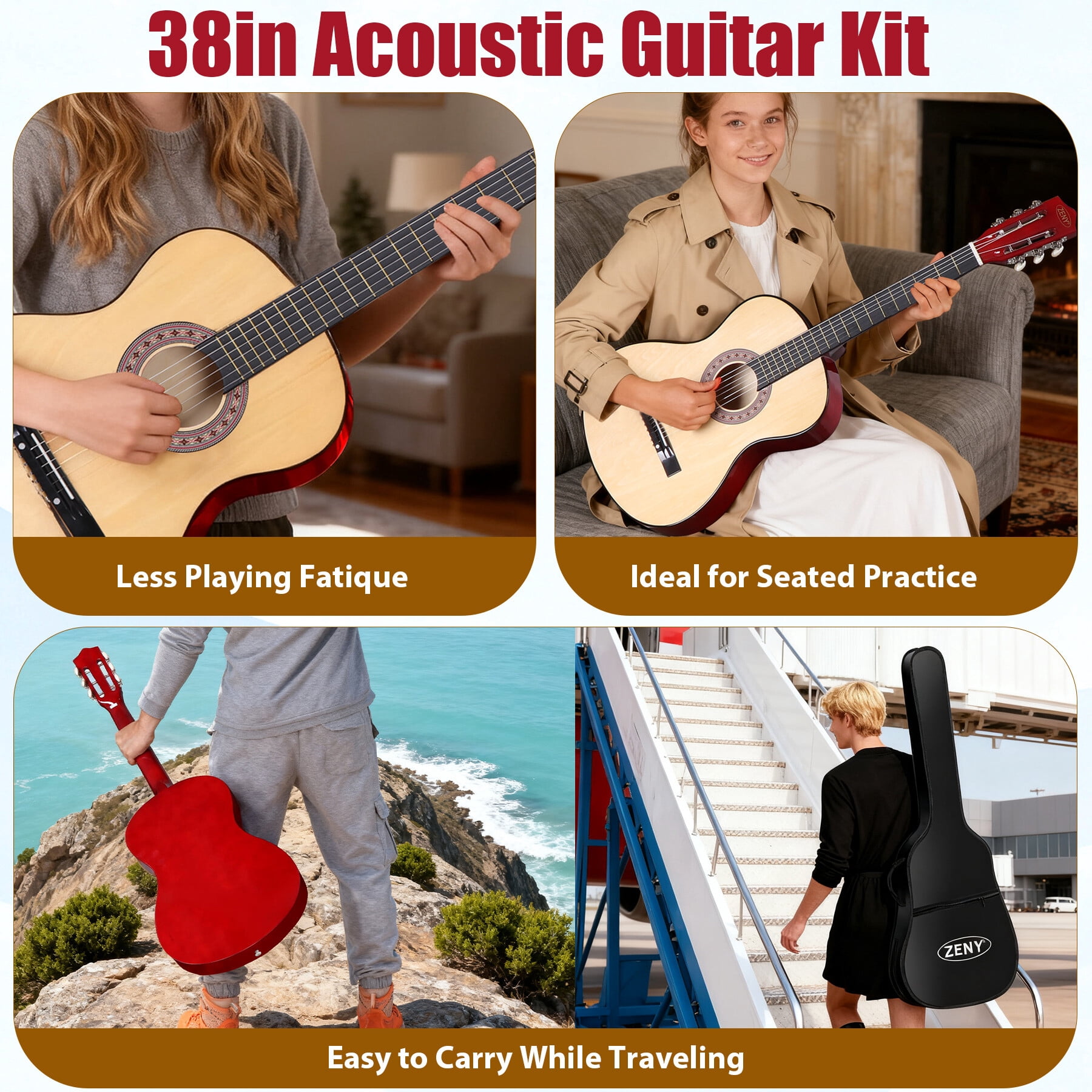ZENY 38" Acoustic Guitar for Beginners, Student Starter Kit with Gig Bag, Strap, Tuner & Picks -Natural