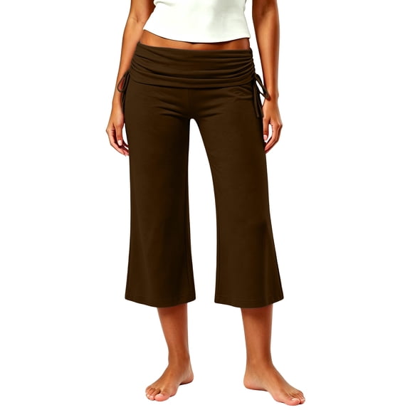 Xdegoge Capri Yoga Pants for Women Foldover Mid Rise Relaxed Fit with Side Drawstring Ties Stretch Athletic for Pilates Running Gym Activewear Cropped Workout Pants