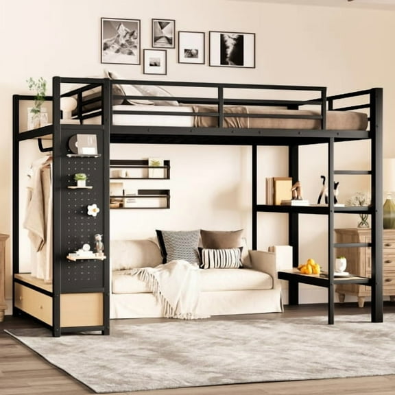 Queen Size Loft Bed with Stairs, Metal Loft Bed with Storage Shelves and Pegboard, Built-in Wardrobe, Drawer, No Box Spring Required, Easy Assembly