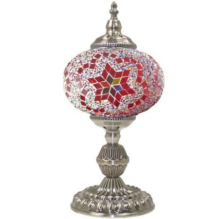 - Silver Fever Handcrafted Mosaic Turkish Lamp -Moroccan Glass - Table Desk Bedside Light- Bronze Base (Burgundy Star of David LG)
