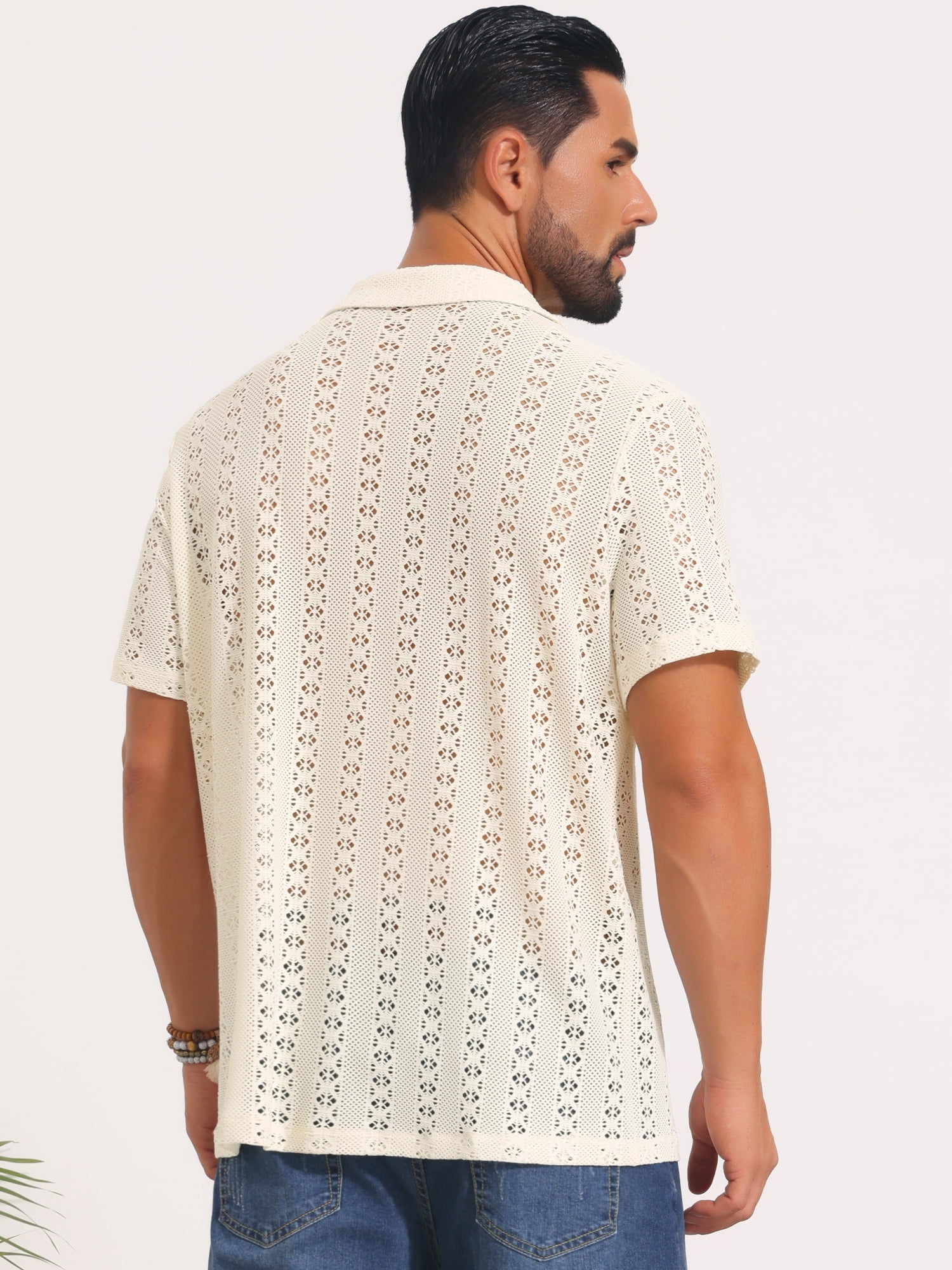 DARING DIVA Men's Hawaiian Camp Collar Button Down Short Sleeve Textured Shirts L Beige
