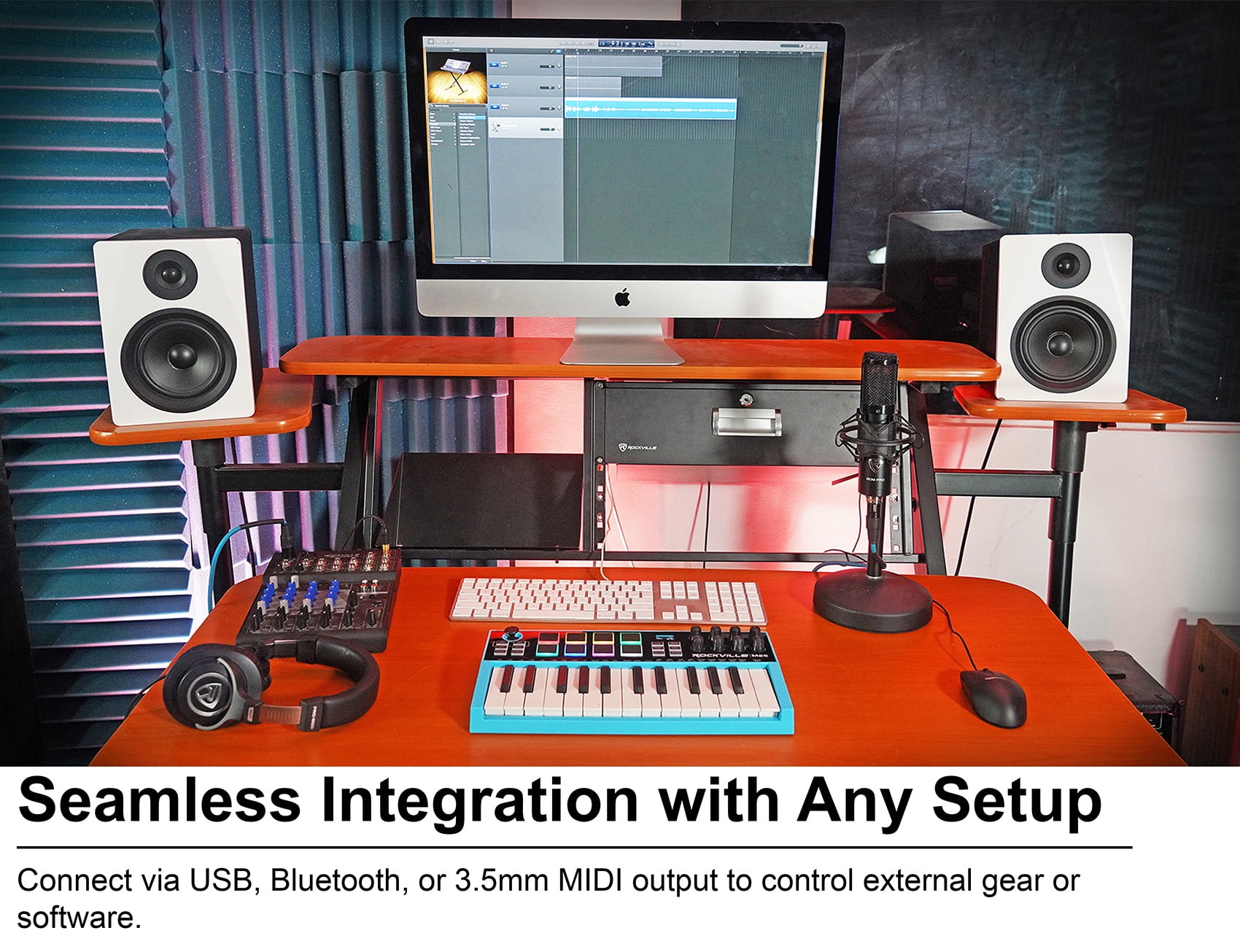Rockville M25 25 Key USB Wireless MIDI Keyboard Controller With Bluetooth+8 Pads