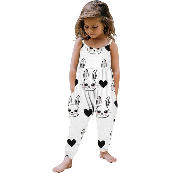 Girls Bunny Print Harem Jumpsuit Easter Outfit Sleeveless Romper for Kids Kids with Pockets Adjustable Straps Soft Stretchy White,Size 5 T