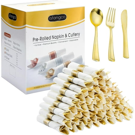 "50 Pack Pre Rolled Gold Plastic Silverware Set with Napkins,Disposable Wrapped Heavy Duty Cutlery Set for Wedding Birthday Party-50 Forks,Knives,Spoons,Napkins,Utensils Set,Plasticware Bulk"