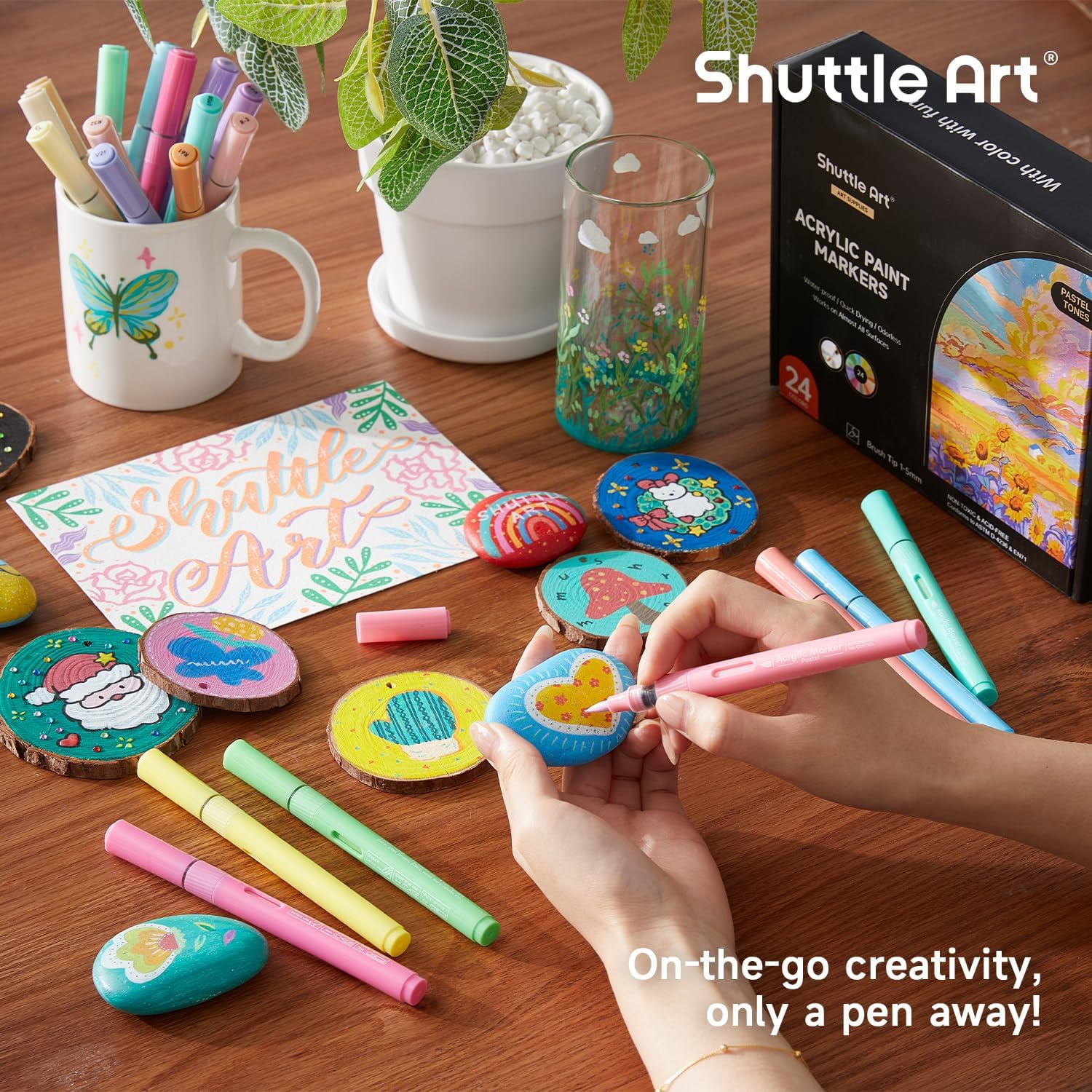 Shuttle Art Automatic Ink Control Acrylic Paint Markers, 24 Pastel Colors Brush Tip Acrylic Paint Pens for Rock Painting, Ceramic, Wood, Canvas, Glass, Stone, Fabric, Card Making