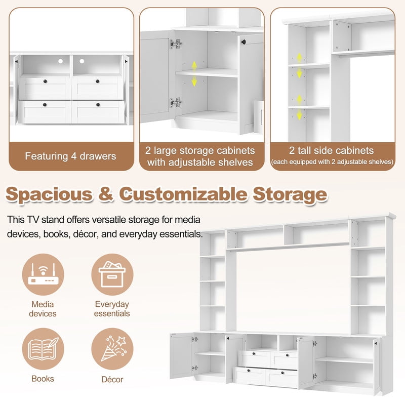Farmhouse Entertainment Center Wall Unit with Drawers & Adjustable Shelves, TV Stand Media Console with Bridge for TVs Up to 70"