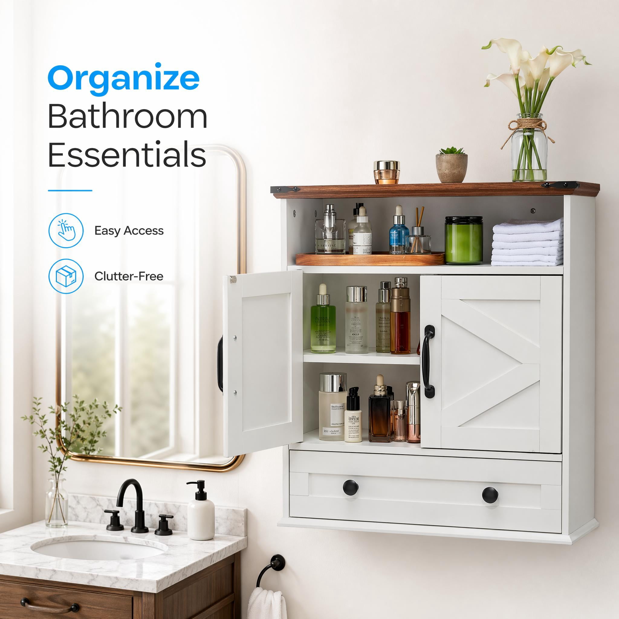 Garvee Bathroom Wall Cabinet, Farmhouse Medicine Cabinet, 24" Wide Cabinet with Drawer, Adjustable Shelf, Double Barn Doors, Storage Cabinet for Bathroom, Kitchen, Living Room White