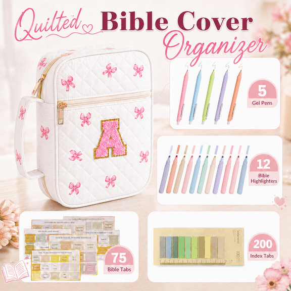 VALUNE Pink Personalized Initial Large Quilted Bible Cover Case for Women, Stylish Chenille Letter Bible Case with Handle