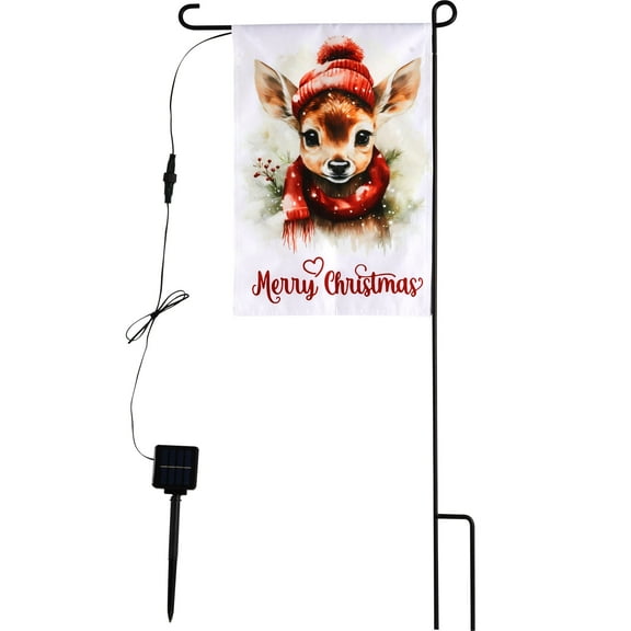 May in Color Christmas Solar Garden Flag with Lights, Led 12"x18" Double-Sided Reindeer Yard Flag, Winter Decor for Lawn, Porch, Path