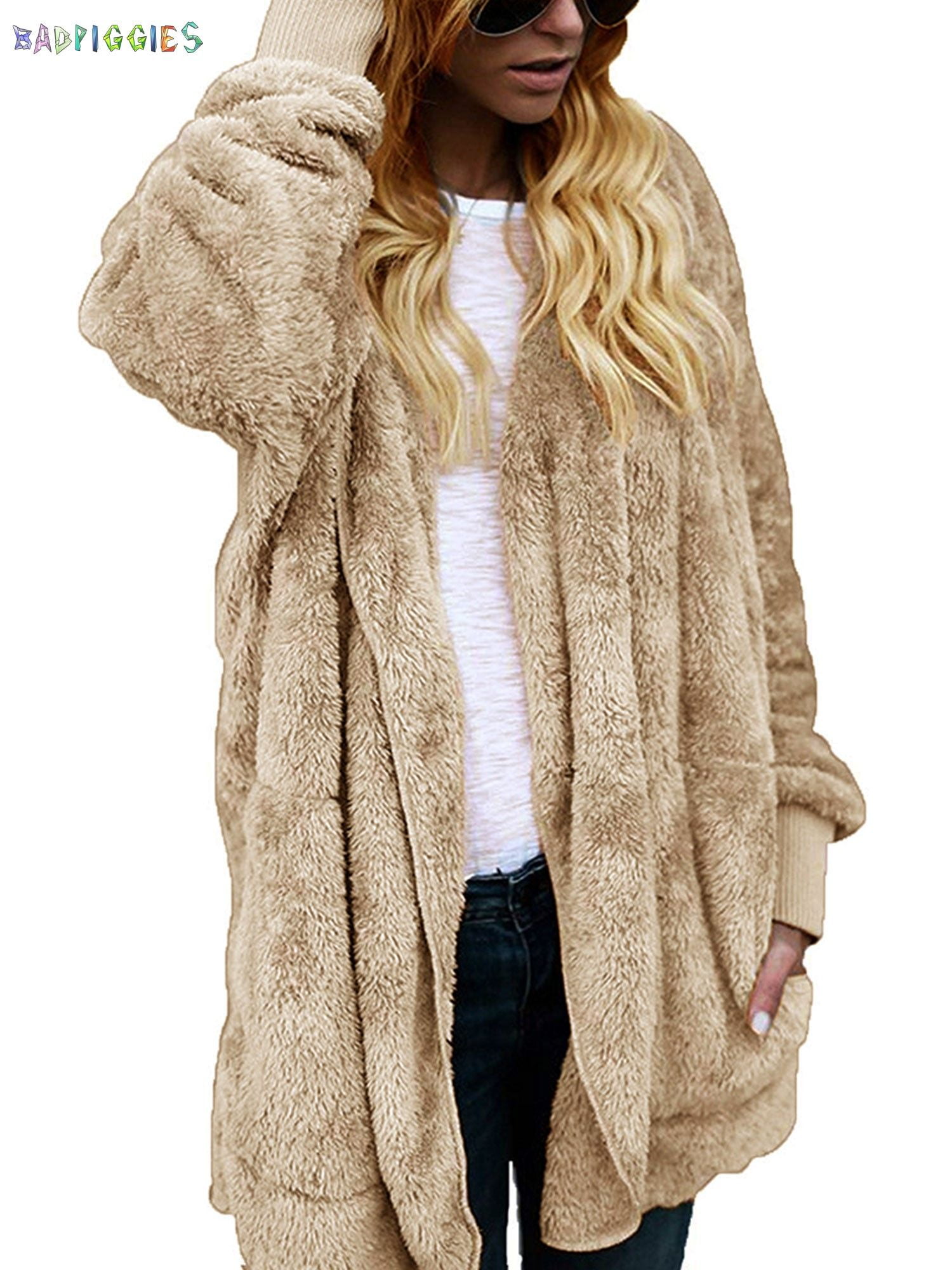 Womens Fuzzy Fleece Open Front Cardigan Solid Color Oversized Coats Outwear Hoodies Jackets with Pockets