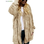 BadPiggies Plus Size Women Hooded Cardigans Fuzzy Fleece Winter Open Front Long Sleeve Solid Jacket Coats Outwear with Pockets (4XL, Apricot)