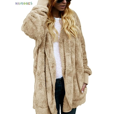 BadPiggies Plus Size Women Hooded Cardigans Fuzzy Fleece Winter Open Front Long Sleeve Solid Jacket Coats Outwear with Pockets (4XL, Apricot)