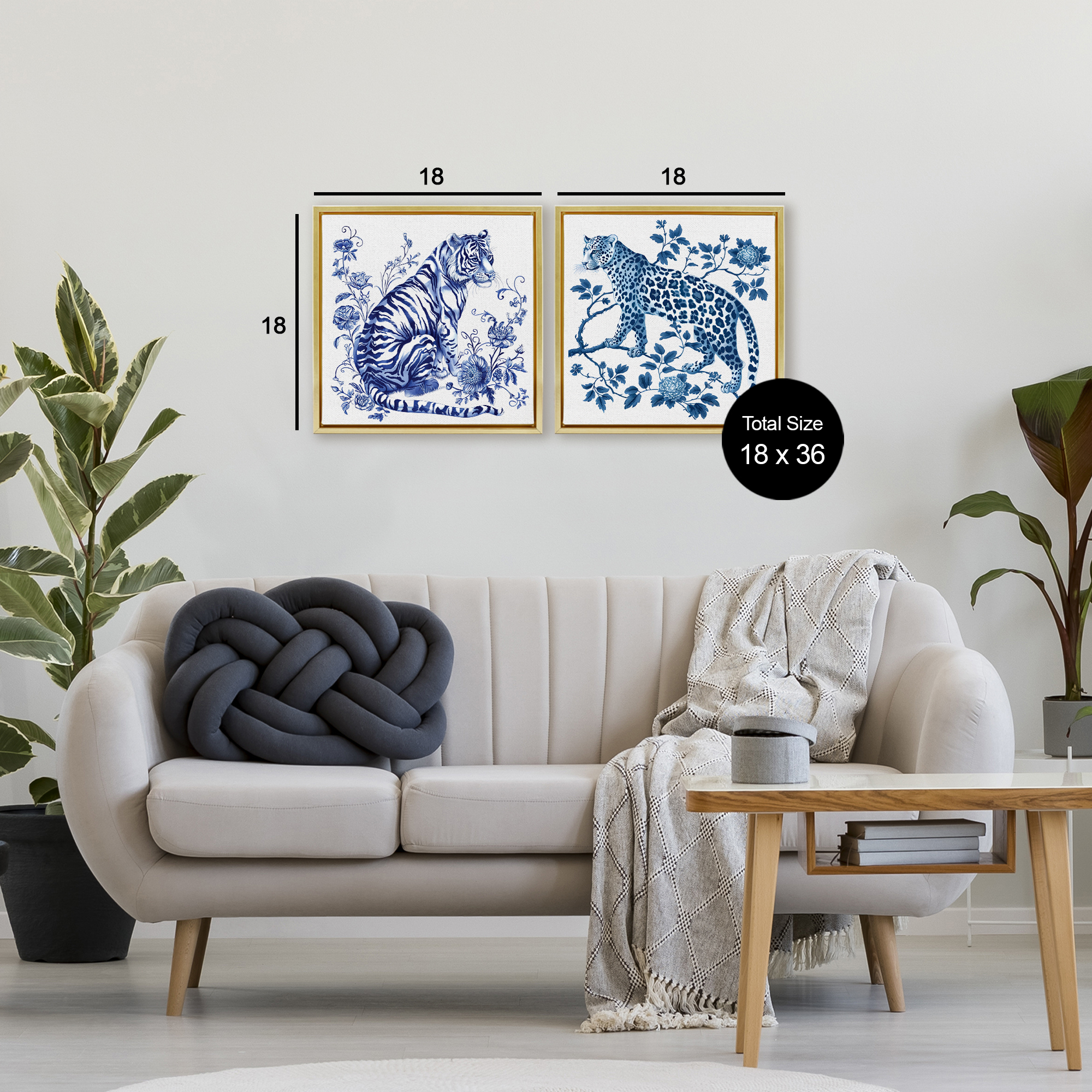Ornate & Detailed Large Cats 2 Piece Gold Framed Floater Canvas Set, design by Lettered and Lined