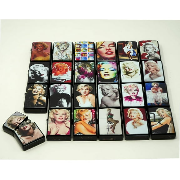Collectible M. Monroe Design – 24 Pcs Mixed Black Metal Windproof Oil Lighters - Pack of 24 -