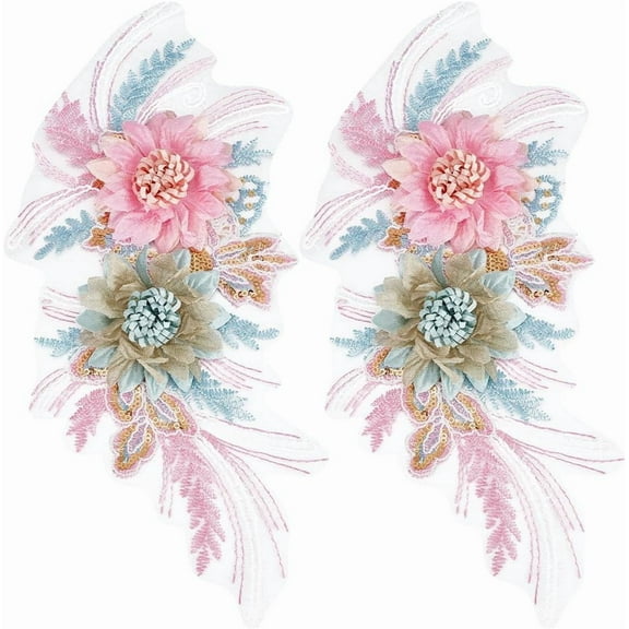 2Pcs Pink Flower Applique Embroidery Polyester Beaded Lace Appliques 3D Floral Sequin Embroidered Sew on Tulle Patches for Sewing Making Crafts Clothes Gown Wedding Bridal Accessories Supply