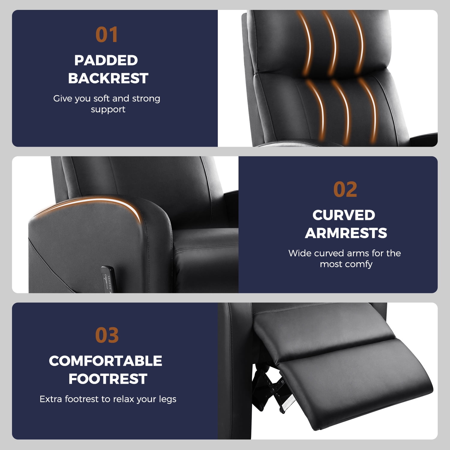 edx Recliner Chair with Massage, PU Leather Single Sofa with Padding Seat for Living Room Bedroom, Black