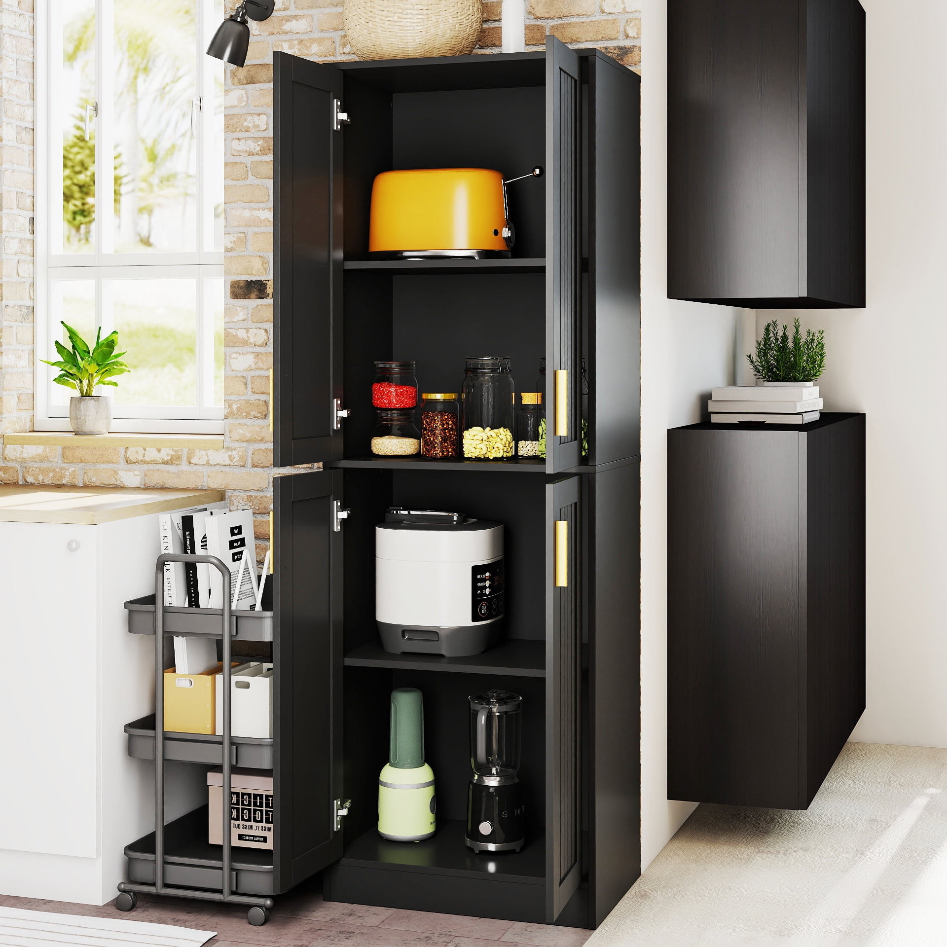 67.7” Tall Modern Storage Cabinet with 2 Adjustable Shelves, Bathroom Cabinet with 4 Doors, Kitchen Cabinets, Cupboard for Kitchen, Living Room
