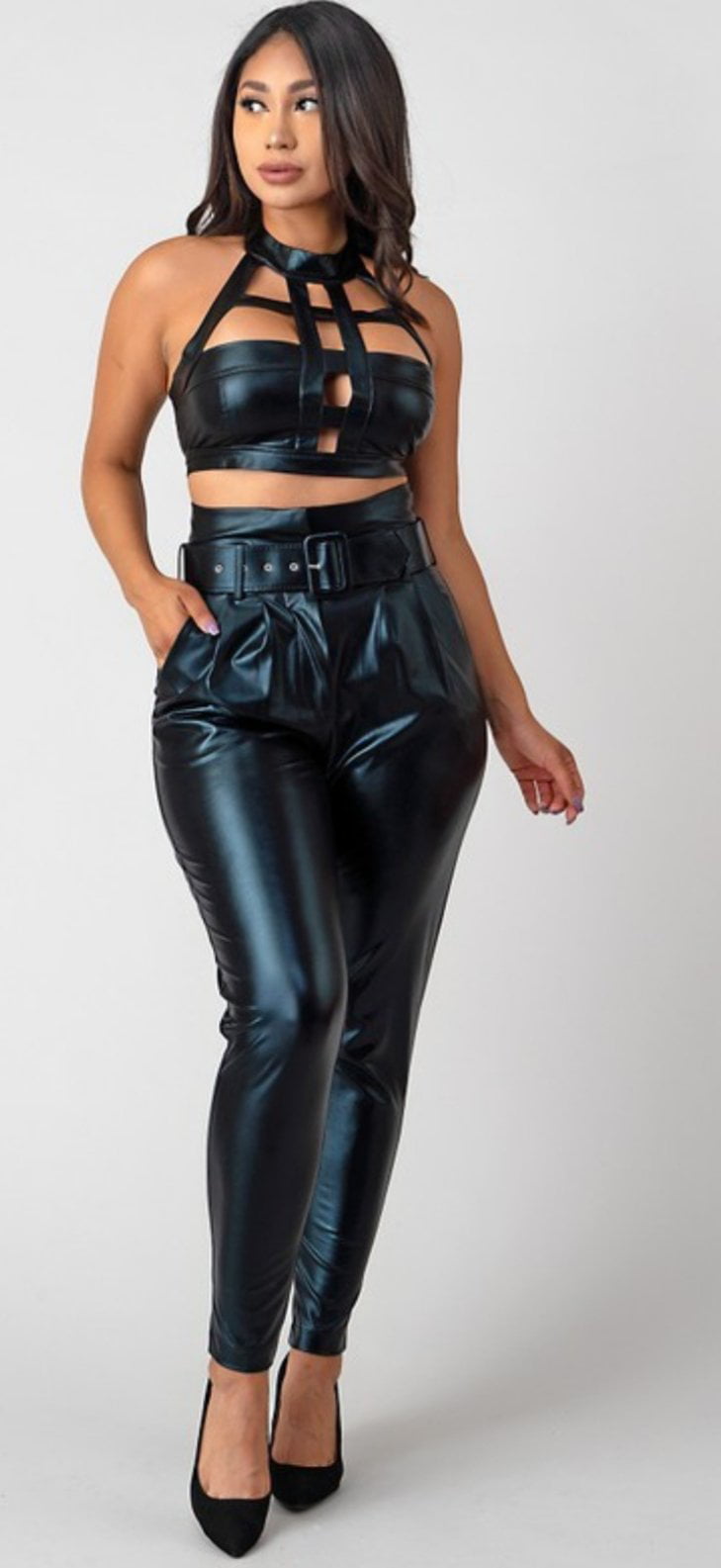 Womens Solid Black Leather Caged Crop Top With Slim Pants Set 