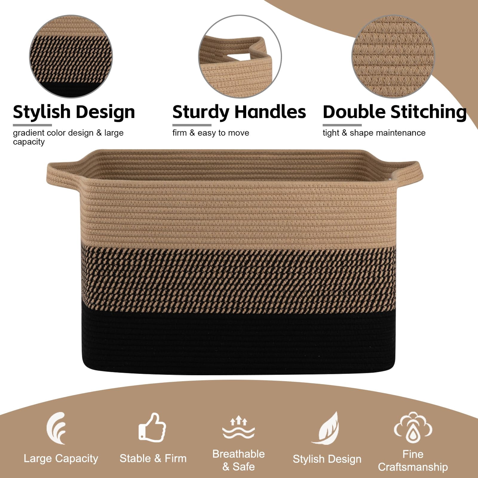 Extra Large Blanket Basket, 95L Woven Storage Basket, Cotton Rope Toy Bin for Baby Room, Container for Storage in Living Room, 24''×17''×14'', Black & White