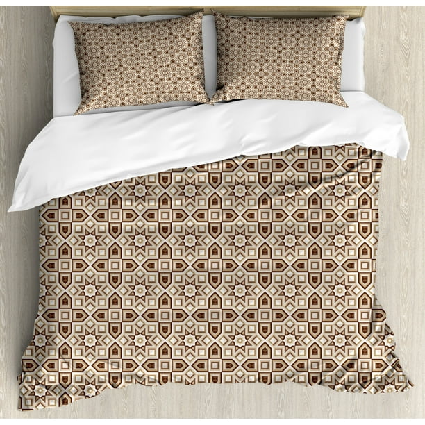 Brown King Size Duvet Cover Set, Tile Pattern with Squares Rhombuses