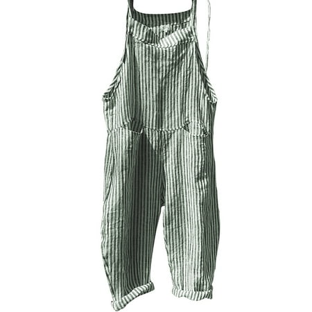 

Julycc Women Cotton Linen Striped Wide Leg Jumpsuit Dungarees Casual Playsuit Overalls