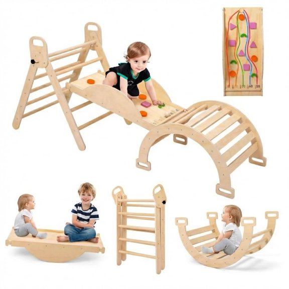 QinaQin Set de escalada infantil de madera 9 en 1 con triángulo plegable, arco, balancín y más, ideal para juego interior de niños pequeños