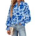 thumbnail image 3 of Womens V Neck Floral Long Sleeve Tops Summer Casual Loose Puff Sleeve Chiffon Boho Work Blouse Dressy T Shirts Blue S, 3 of 6