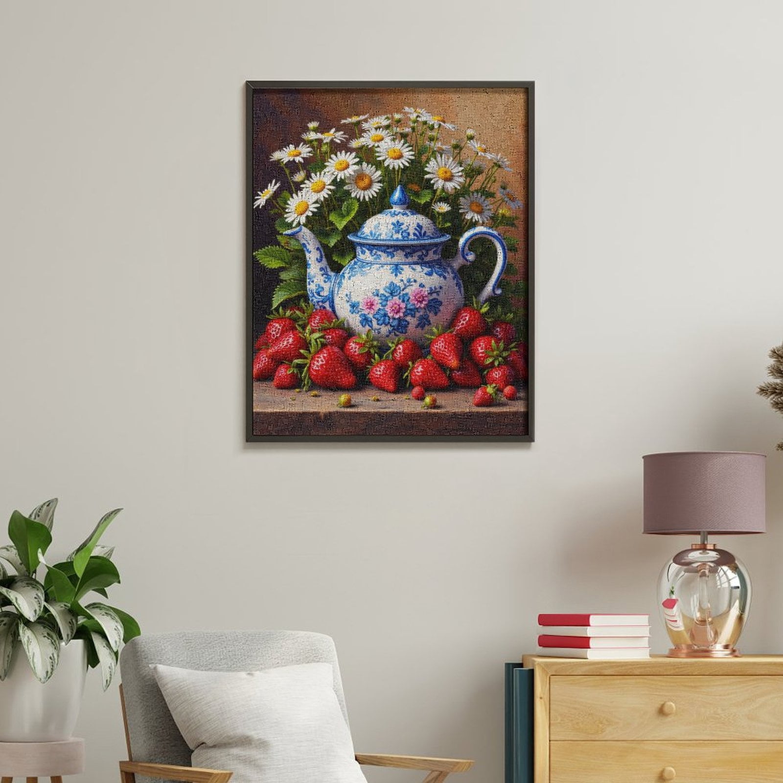 Paint by Numbers Kit for Adults, Tea Pot Daisies Strawberries Display Paint by Numbers, Easy Paint by Numbers Kit for Adults Beginner, DIY Adult Paint by Number Kits on Canvas, Home Decor