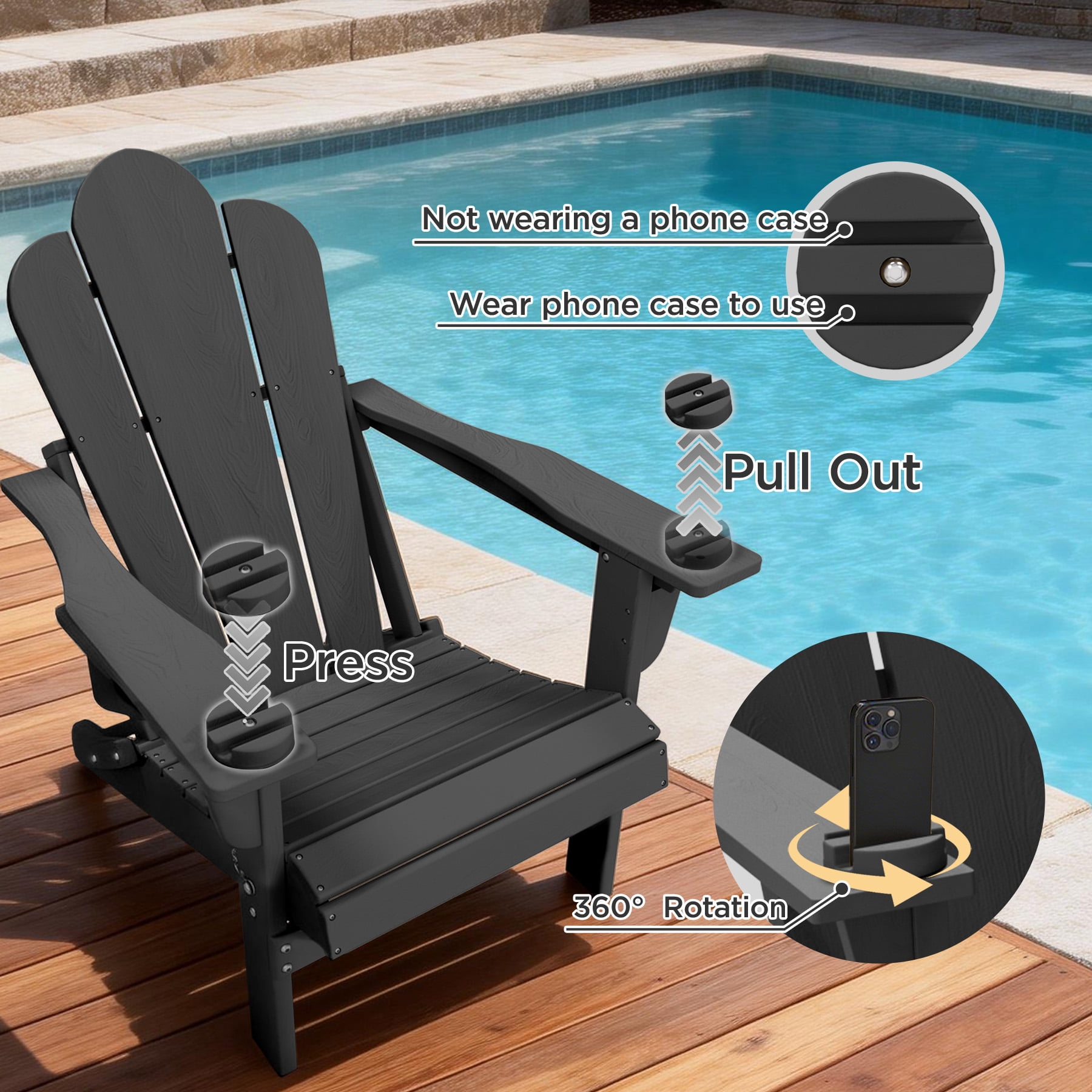 Tappio Folding Adirondack Chair Set of 2, All Weather HDPE Outdoor Patio Chairs with 3- Position Adjustable Backrest, Detachable Multifunctional Holders and Cup Holders, Fire Pit Chairs, Black