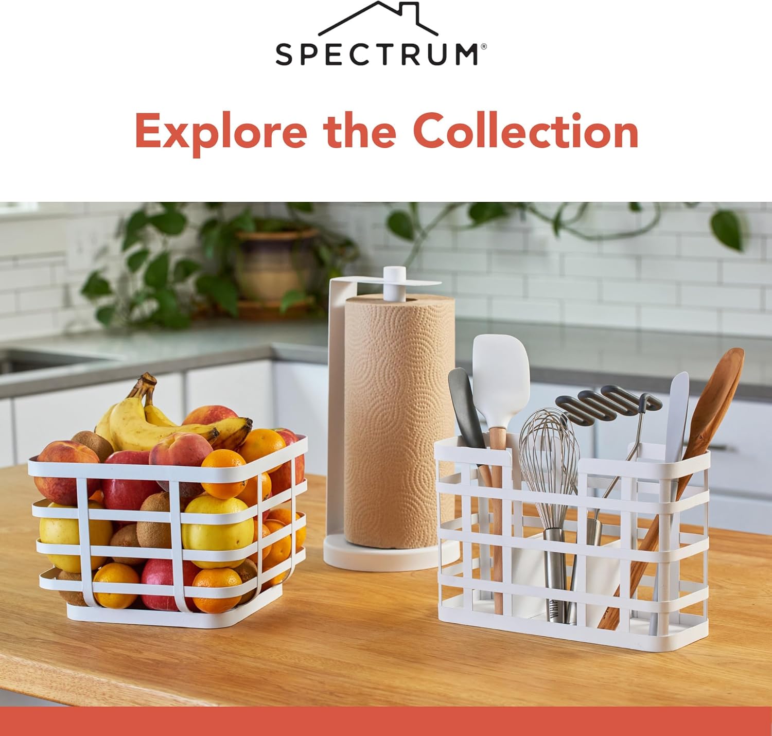 Spectrum Fruit Basket with Banana Hanger White, Modern Steel Wire Storage for Kitchen Counter, Scandinavian Fruit and Vegetable Basket with Banana Hook, Space Saving Kitchen Countertop Storage