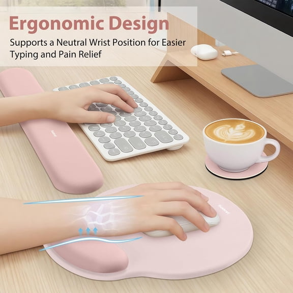 WEIFEI-Mouse Pad and Keyboard Wrist Rest, 3-in-1 Gel Memory Foam Ergonomic Mouse Pad with Wrist Rest Set, Gaming Mousepad Arm Cushion Support for Computer Office Desk Accessories Cute Setup, Pink