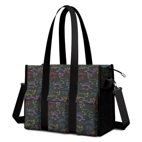 Teacher Tote Bag,Black Colorful Dinosaurs Chalk Pattern Teacher Utility Tote Bag,Large Work Tote Bags for Women with Multiple Pockets,Top Zipper Closure,13.8x10.6x6.7 Inch