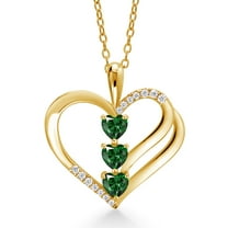 18K Yellow Gold Plated Silver Green Nano Emerald and White Moissanite 3-Stone Pendant Necklace for Women (1.30 Cttw, Gemstone May Birthstone, Heart Shape 4MM, with 18 inch Silver Chain)