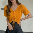 thumbnail image 2 of JIAYUE Womens Swimwear Cover-Ups Crochet V Neck Short Sleeve Hollow Solid Color Comfortable Drawstring Crop Shirt Sexy Beachwear Lace Up Bathing Suit Cover Up Top, 2 of 5