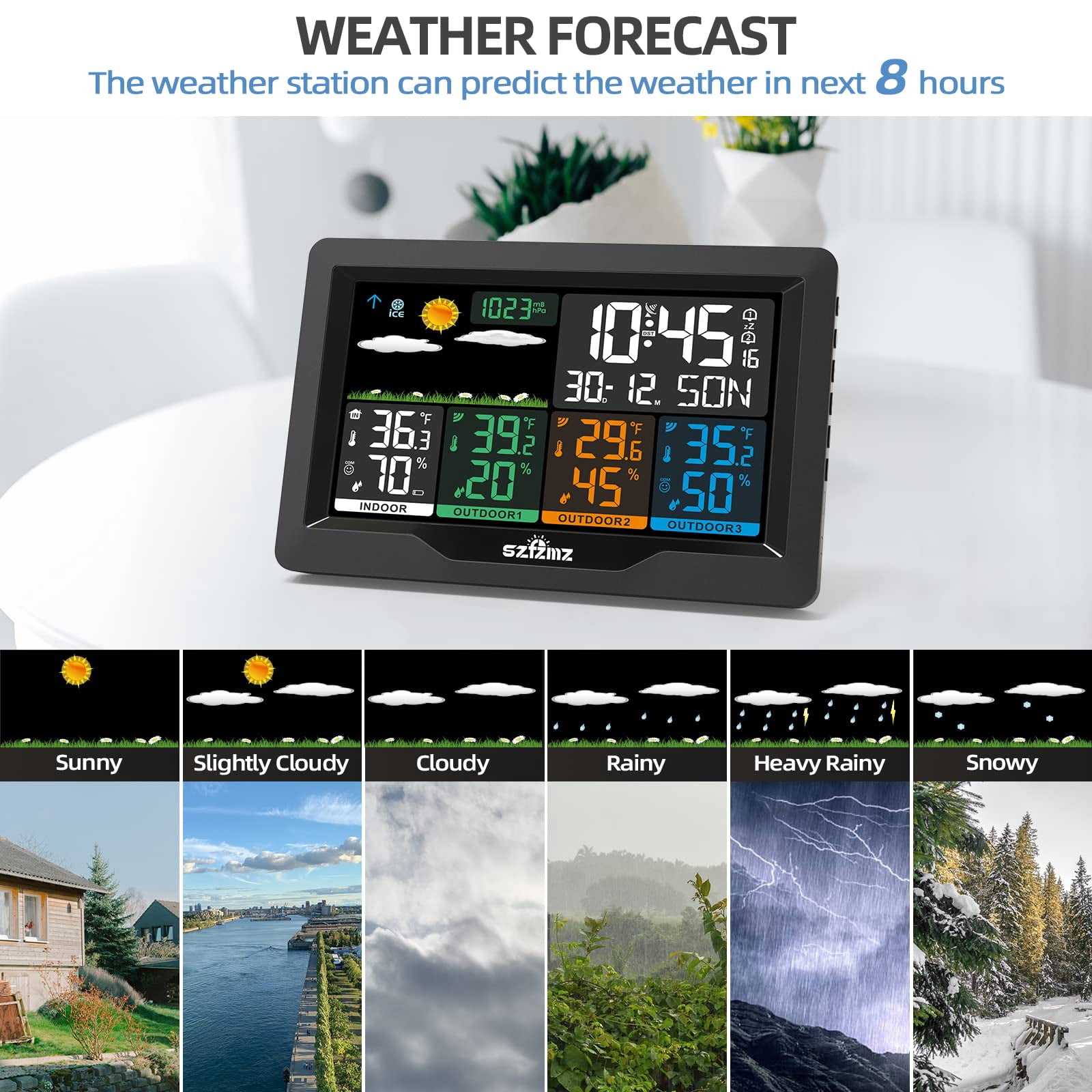 Weather Stations Wireless Indoor Outdoor With 3 Sensors, Color Display Weather Station Indoor Outdoor Thermometer Wireless Weather Forecast Station, Digital Atomic Clock With Backlight