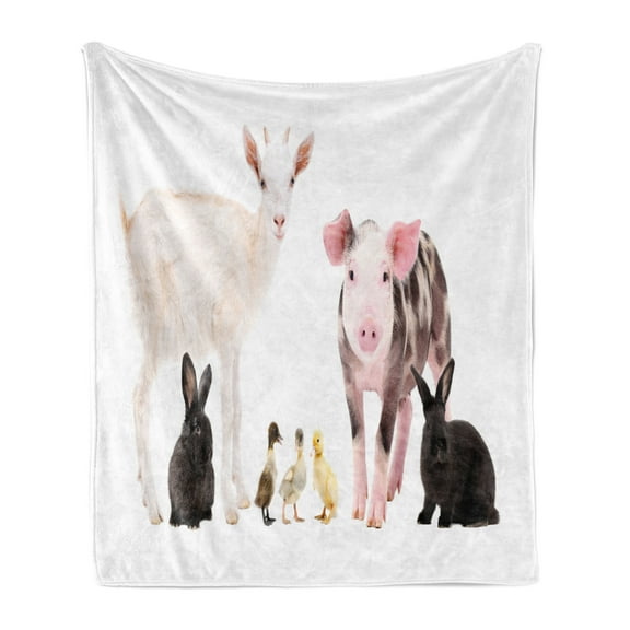Farm Animal Soft Flannel Fleece Throw Blanket, Studio Shot of Baby Domestic Creatures Ducks Pig Goat and Bunnies, Cozy Plush for Indoor and Outdoor Use, 60" x 80", Multicolor, by Ambesonne