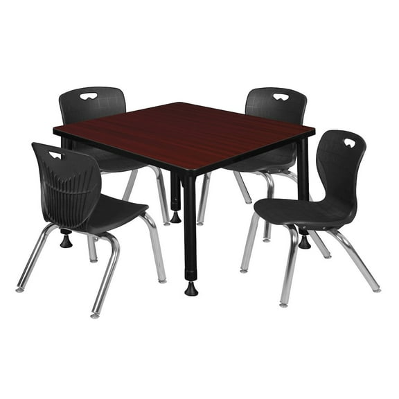 Regency 30 Square Adjustable Classroom Table- Mahogany & 4 Andy 12 Stack Chairs- Black