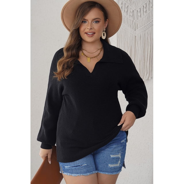 FOLUNSI Chic Plus Size Ribbed Sweater - Puff Sleeves, Must-Have!