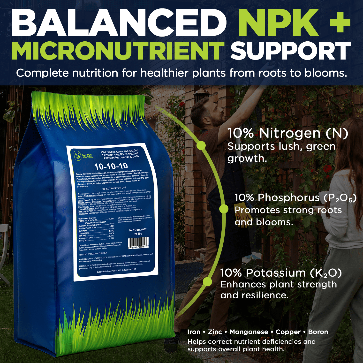 Supply Solutions 10-10-10 Complete Lawn & Garden Granular Fertilizer with Micronutrients – Balanced NPK Plant Food for Soil Health, Blooms & Roots – Safe for Vegetables, Fruits, Lawns (25lbs)