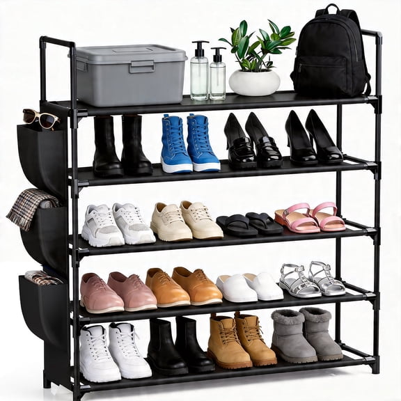 Behome 5-Tier Metal Shoe Rack, Shoe Rack Storage Organizer with Side Pocket, Shoe Shelf for Entryway, Closet, Bedroom, Living Room, Black