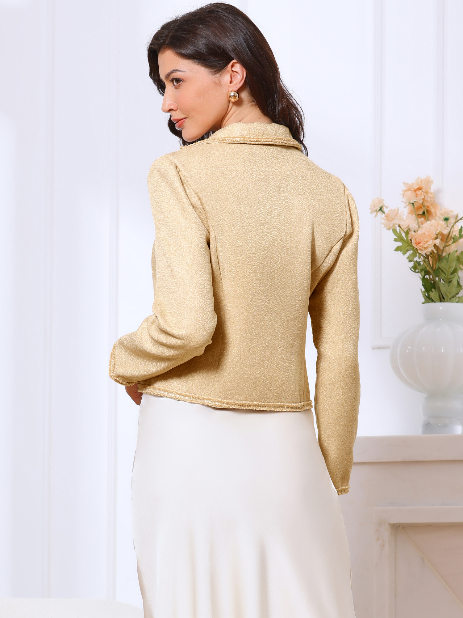 DARING DIVA Women's Vintage Notched Lapel Long Sleeve Cropped Blazer S Apricot