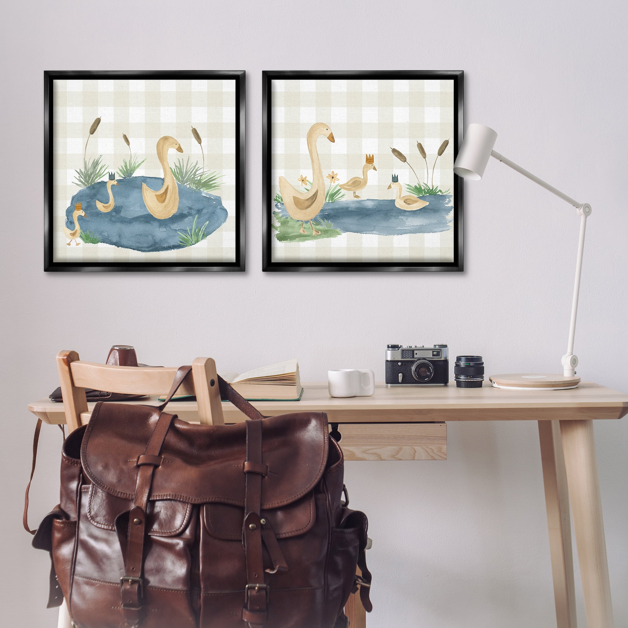 Stupell Industries Swan Family in Pond Landscape & Nature Painting Black Floater Framed Canvas Art Print Wall Art, 25 x 25, Set of 2
