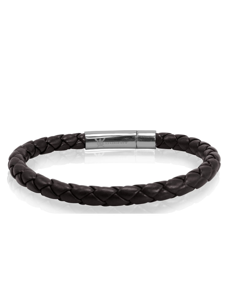 Mens Genuine Flat Leather Brown Braided Wristband Wrap Bracelet Steel Clasp 