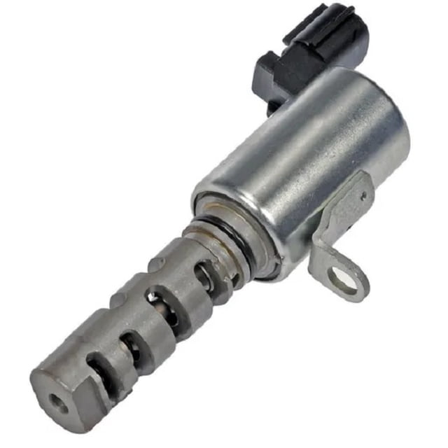 solenoide válvula vvt admisión dodge journey 2.4 2009-2020 starker oem ángulo 3/4, solenoide metálico plateado con cuerpo cilíndrico, conector eléctrico negro, eje ranurado perforado y soporte de montaje lateral; diseñado para control VVT de admisión y suele usarse como reemplazo OEM.
