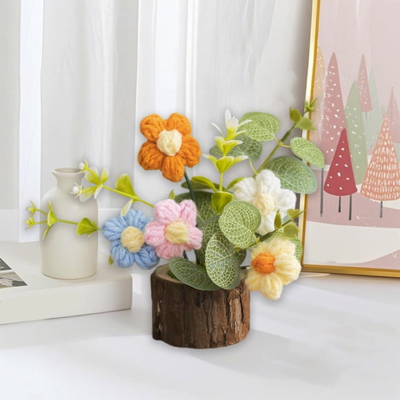 Flores de ganchillo, plantas artificiales en maceta para decorar el escritorio de la oficina o el salpicadero del coche: decoración del hogar tejida a mano, no necesita riego.