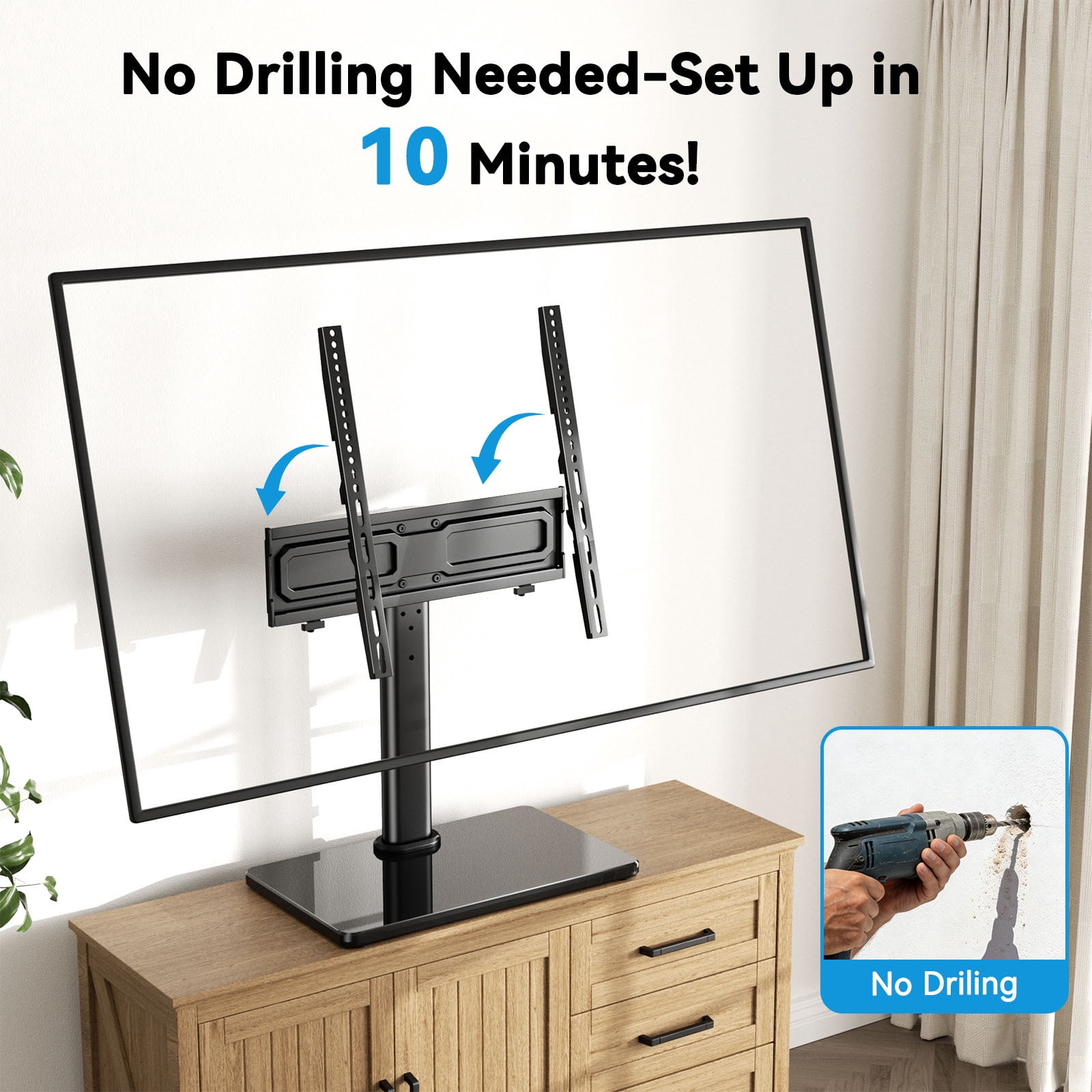 MountFTV Swivel Table Top TV Stand for 24-60 inch TVs, Holds up to 88lbs, Max 400x400mm, 50 degrees Swivels Adjustable Tabletop TV Stand with Tempered Glass Base