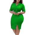 thumbnail image 2 of Jusqu'à 65 % de Réduction! Robes de Mode d'Été pour Femmes 2024 Grande Taille Polyvalente Manches Courtes Rétractation de la Taille Costume Fendu Solide Col Enveloppé Robe Fendue à la Hanche avec Ceinture, 2 of 4